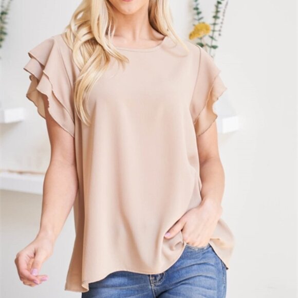 SOLID RUFFLED SLEEVE TOP- tan - Picture 1 of 8